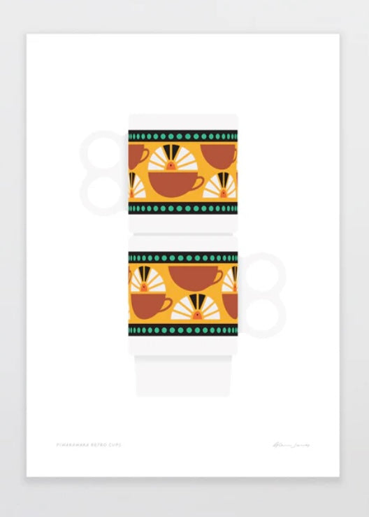 Art Print | Piwakawaka Retro Cups(A4)