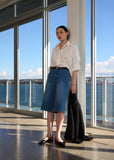 Model wearing Marlow Shoreline shirt in chalk