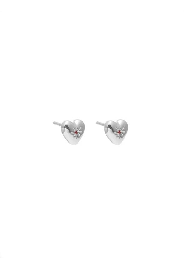 Earrings | Petite Puffed Heart Stud (Ruby + Silver )