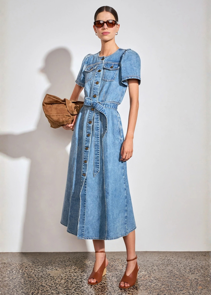 Model wearing Zoe Kratzmann Allude dress in Mid Denim