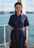Close up view of Marlow Axis dress in indigo 