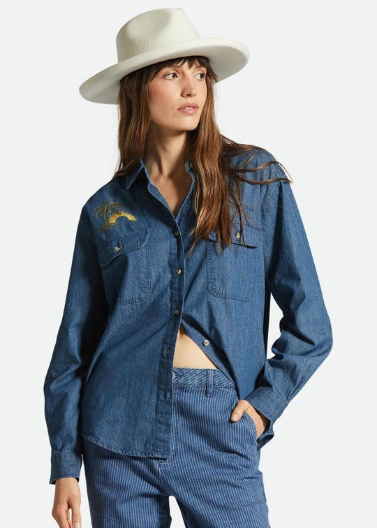 Model wearing Brixton Bowery Boyfriend shirt