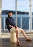 Model wearing Marlow Shoreline shirt in ink stripe