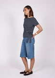 Side view of Marlow Delta Tie Top Tee in Ink/White Stripe