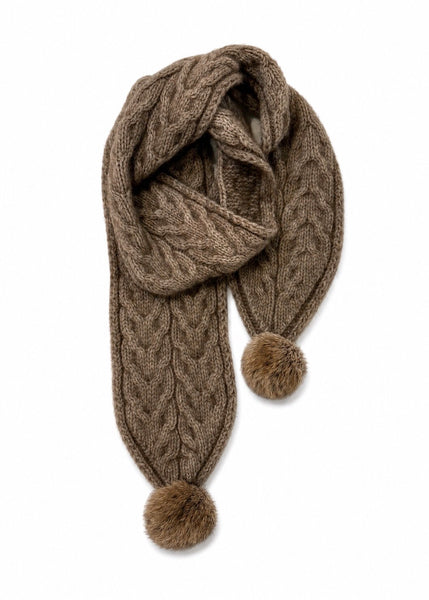Lothlorian Cable scarf wit fur pompom in natural colour 
