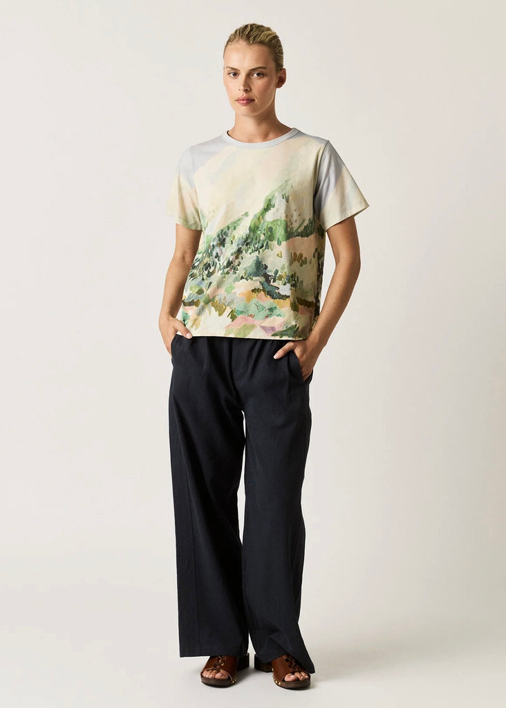 Model wearing Nancybird Charlotte Steel Blue pants