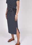 Close-up view of Marlow Delta Tie dress in ink/white stripe