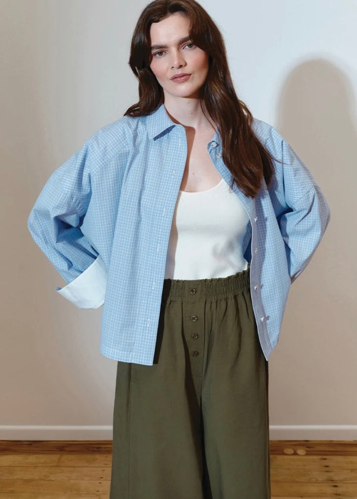 Model wearing Josephine Viv shirt in blue