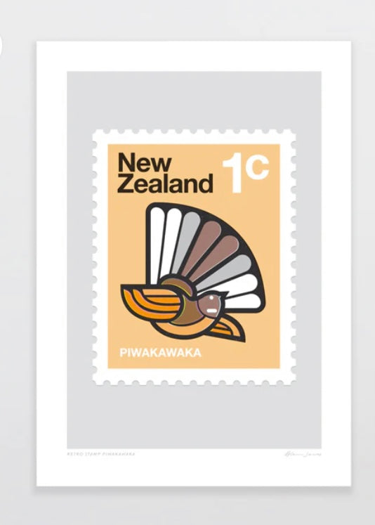 Art Print | Retro Stamp Piwakawaka (A4)