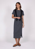 Model in Marlow Delta Tie dress (Ink/White Stripe)