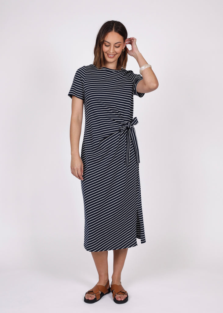 Model wearing Marlow Delta Tie Ink/White stripe dress