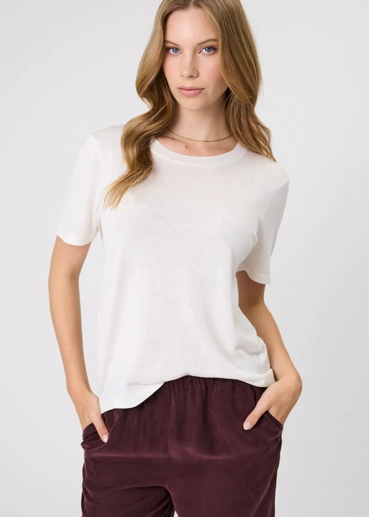 Model wearing Marlow Encore Ivory tee