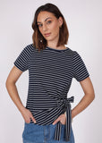 Model wearing Marlow Delta Tie Tip Top in Ink/white stripe