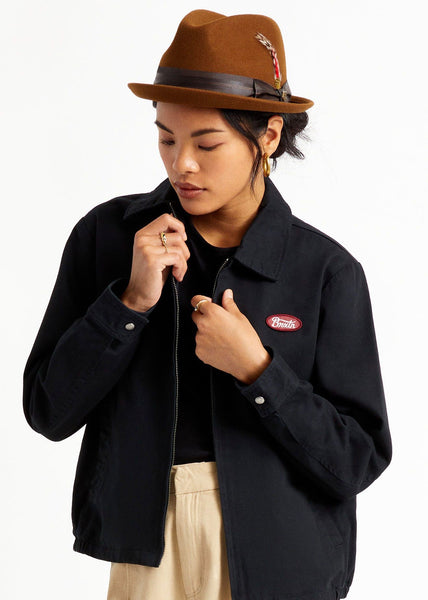 Model wearing Brixton Fender Mustang Fedora in Mocha